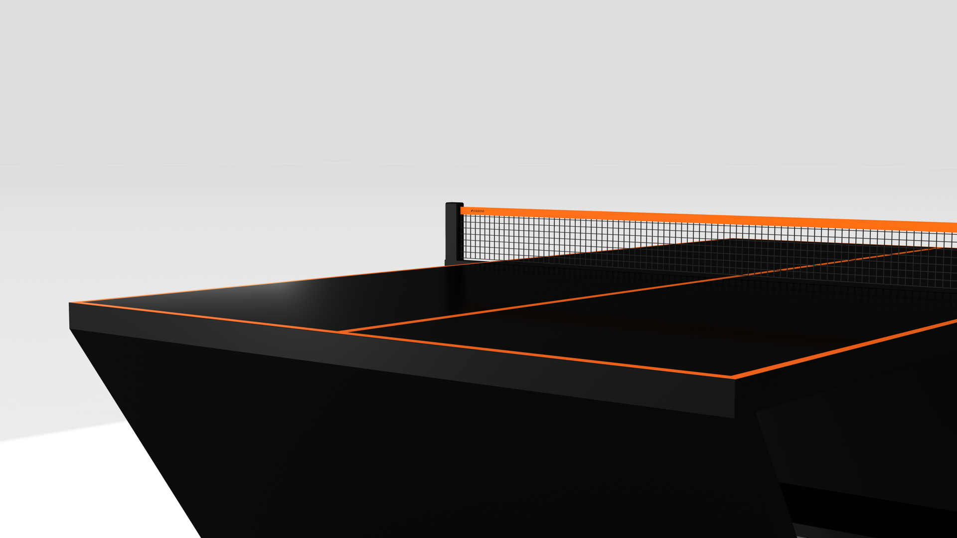 A partial view of the Cabaret Ping Pong Table in black with bold orange edges and net, displayed on a plain white background.