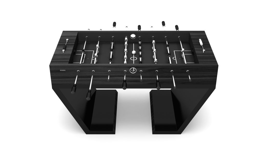 Discover the elegance of the Cabaret Foosball Table—a stylish, black design with sleek metal rods and minimalist appeal. Black and white player figures stand out beautifully against its pristine white background.