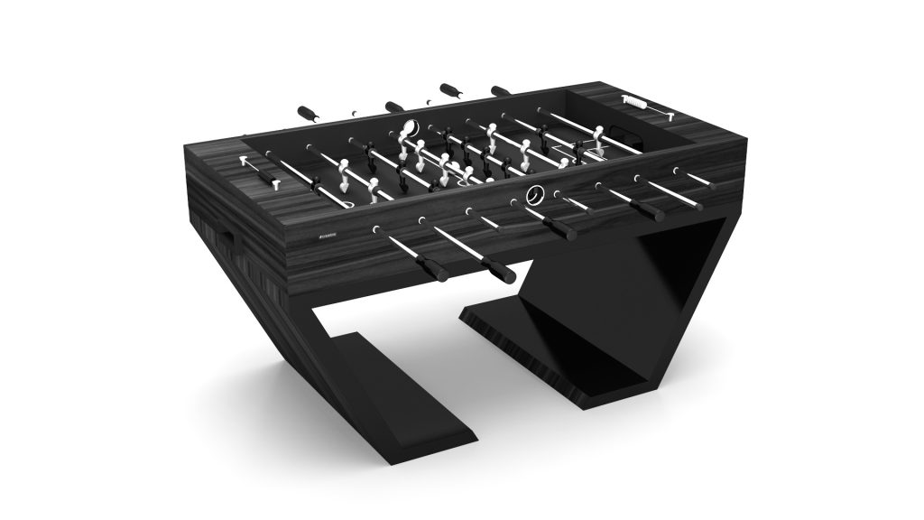 The Cabaret Foosball Table is sleek and modern, featuring a luxurious black finish with angular legs. It has metal rods with black and white player figures against a crisp white background.