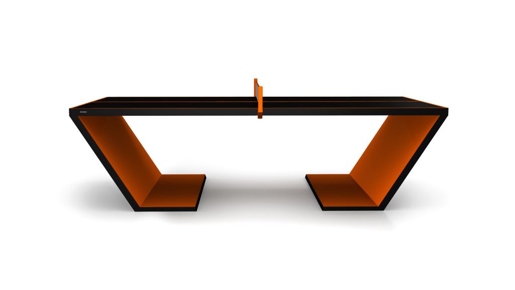The Cabaret Ping Pong Table features a luxurious triangular design with a sleek black surface, bright orange accents, and a minimalist angular support structure. Its eye-catching orange net makes it an elegant addition to any sophisticated game room.