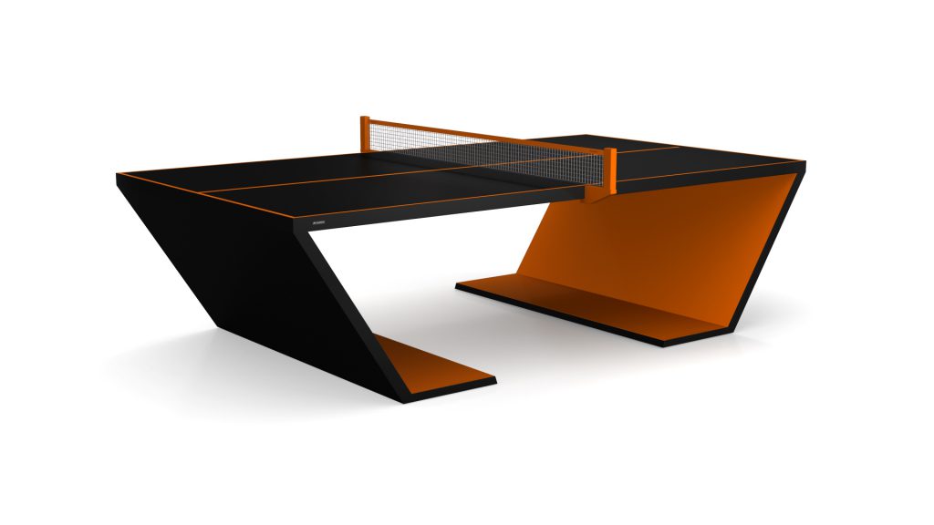 The Cabaret Ping Pong Table is a luxurious black and orange table with a minimalist design, reminiscent of cabaret elegance. It features angled legs and a central net, combining style with functionality.