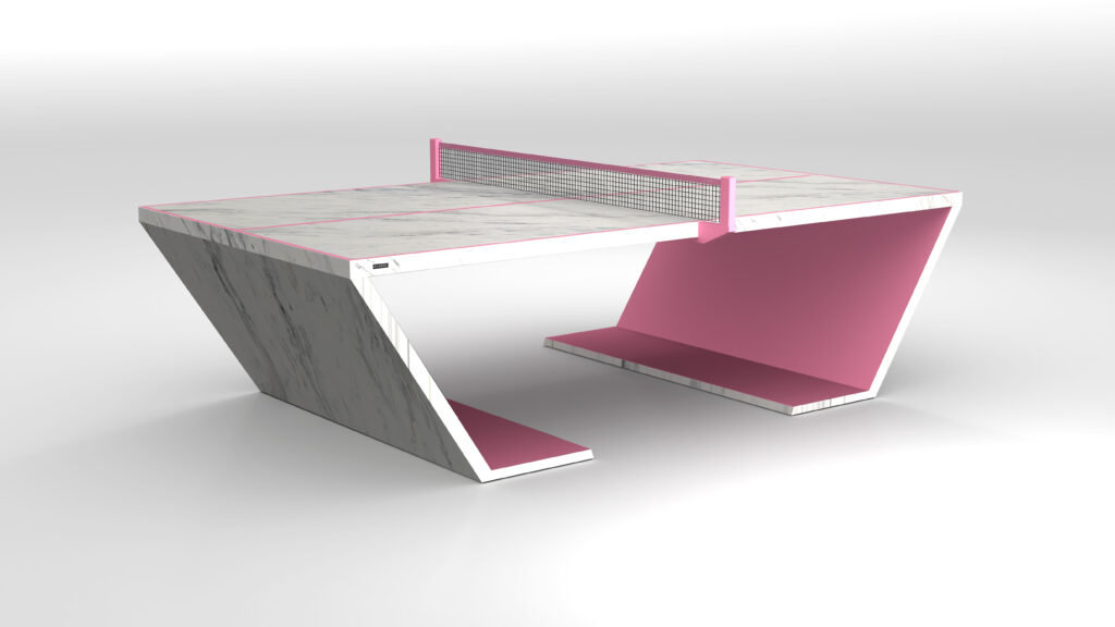 The Cabaret Ping Pong Table is a modern, luxury piece with a marble surface, angular base, and bold pink accents—like its net and interior—displayed on a plain white background.