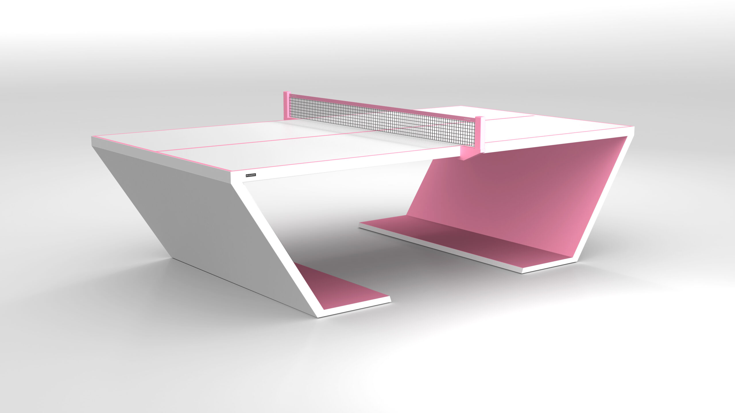 The Cabaret Ping Pong Table is a modern, Z-shaped luxury table in white and pink, featuring a central net divider and angled support legs, set against a plain white background.