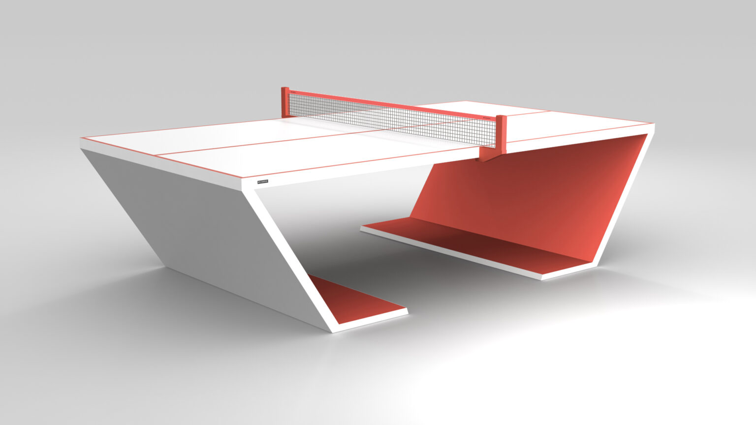 The Cabaret Ping Pong Table features a modern, minimalist angular design in white and red with a central net, set against a light gray background.