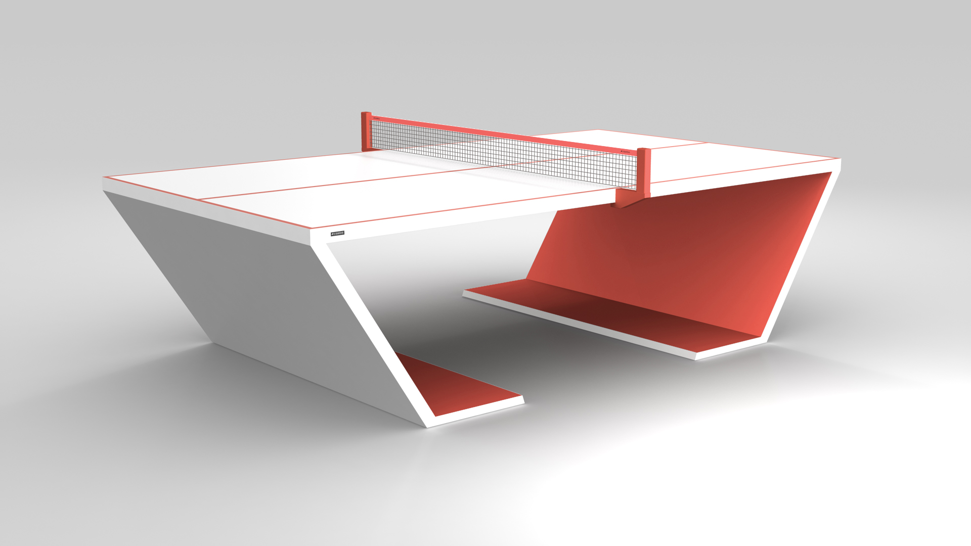 The Cabaret Ping Pong Table features a modern, minimalist angular design in white and red with a central net, set against a light gray background.