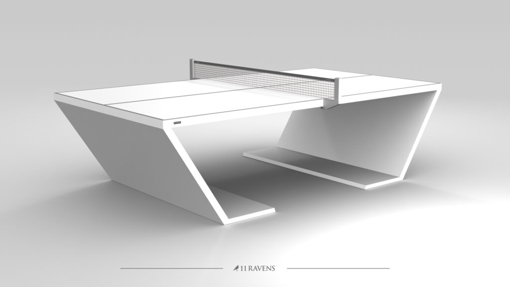 The Cabaret Ping Pong Table features a modern, minimalist white design with angled legs, a sleek profile, and a metal net, shown against a plain light gray background.