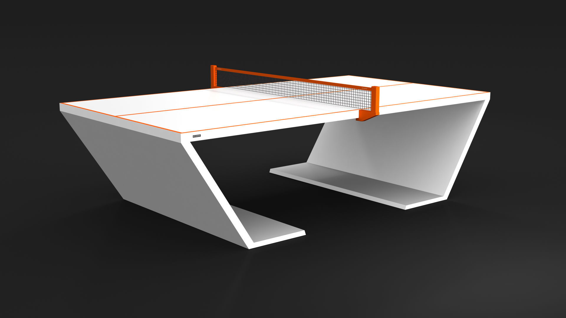 The Cabaret Ping Pong Table features a modern white design, a unique angular base, striking orange lines and net, all set against a solid black background.