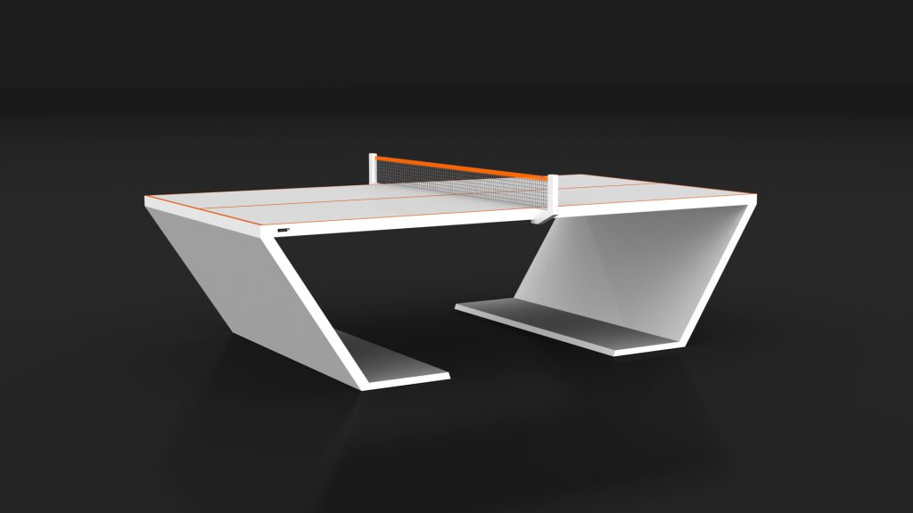 Introducing the Cabaret Ping Pong Table, a modern masterpiece with sharp angles, a white surface, orange accents, and a minimalist design. This sleek table features a black net and boasts a futuristic aesthetic that beautifully stands out against any dark backdrop.