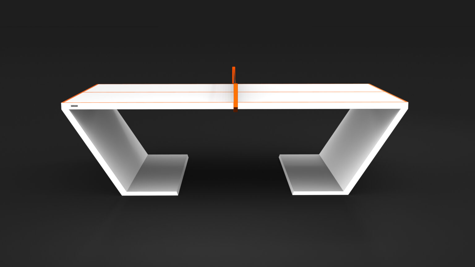 The Cabaret Ping Pong Table is a modern, minimalist white table with two slanted rectangles and a flat top, featuring an orange line and net at the center, all set against a bold black background.