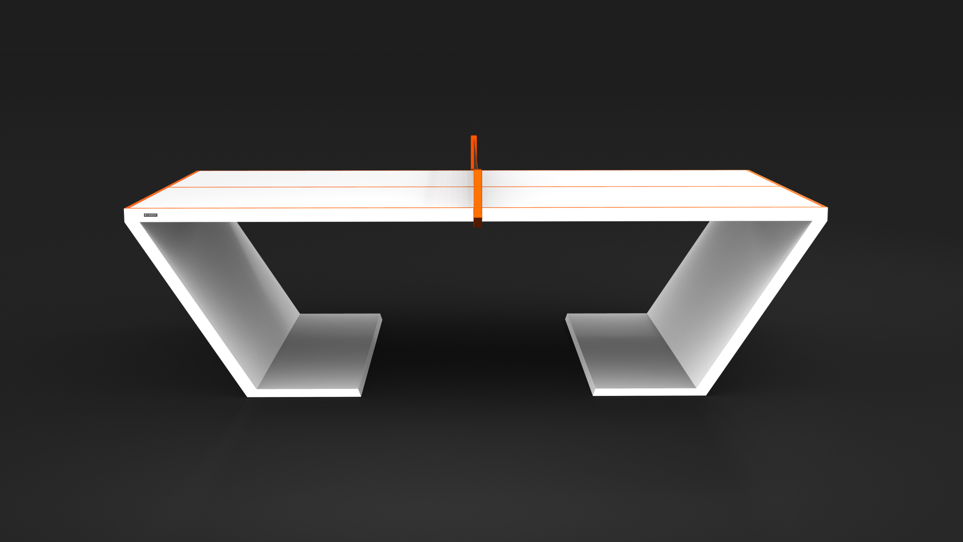 The Cabaret Ping Pong Table is a modern, minimalist white table with two slanted rectangles and a flat top, featuring an orange line and net at the center, all set against a bold black background.