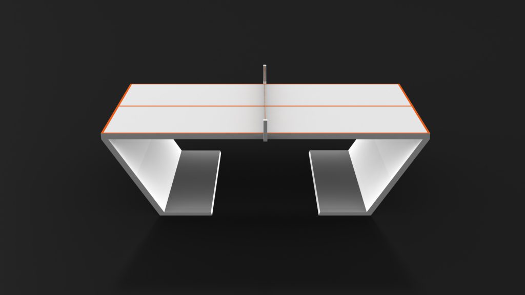 The Cabaret Ping Pong Table is a luxurious modern piece that dazzles with sleek orange lines and unique angled legs, all set against a striking black background.