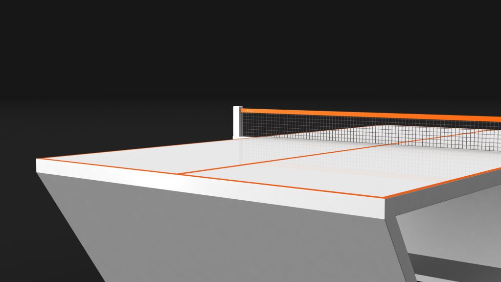 Close-up of the luxury Cabaret Ping Pong Table featuring a sleek, minimalist design. It has a white surface with orange lines, a black net, and stands against a dark background, exuding an angular and contemporary aesthetic.