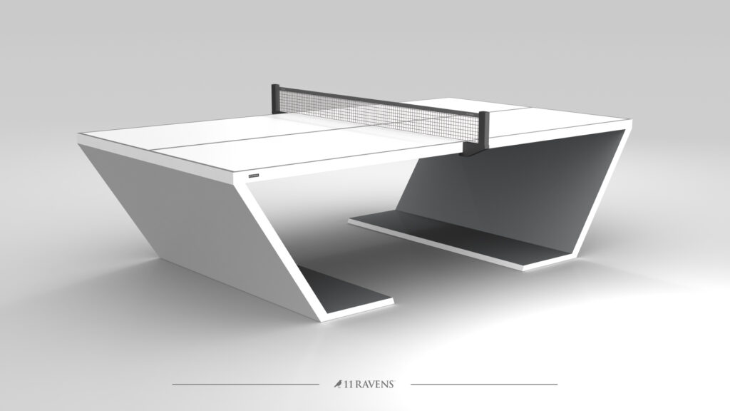 The Cabaret Ping Pong Table is a modern, minimalist piece featuring sharp geometric lines, a white surface, angled base, centered net, floating design effect, and the 11 Ravens logo displayed below.