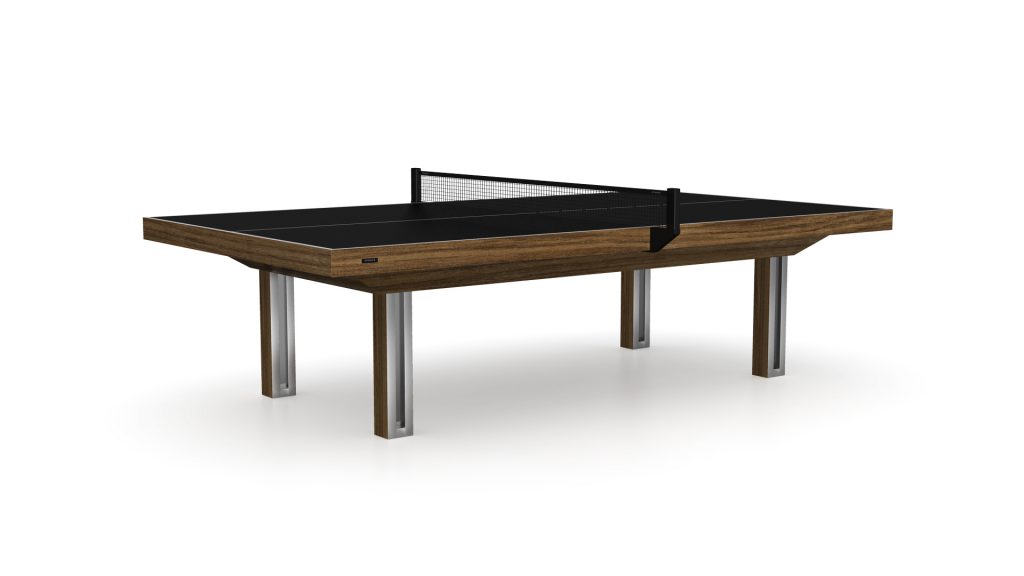 The Executive Ping Pong Table is a sleek luxury table with a dark surface and metallic legs, featuring a central standard net, set against a plain white background.