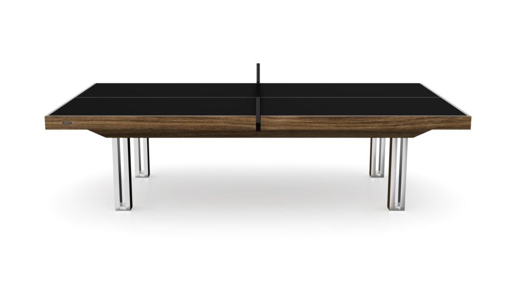 The Executive Ping Pong Table is a luxury piece with a sleek design, featuring a dark tabletop, wooden sides, and metallic legs. It includes a central net, ideal for an executive setting. All showcased against a plain white background.