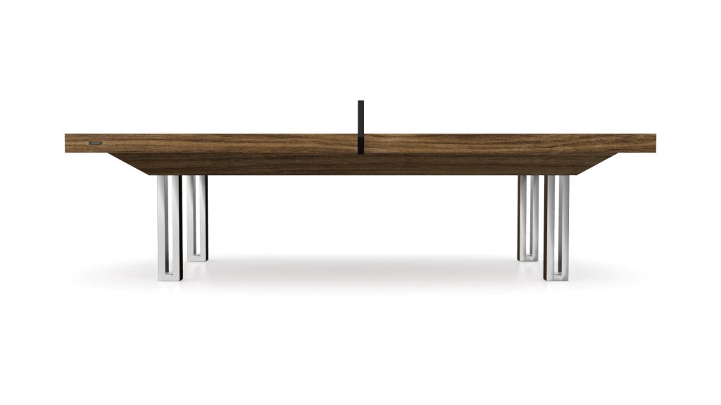 The Executive Ping Pong Table is a luxury wooden table that converts into a sleek ping pong setup. It features a metal central divider and four silver legs, showcasing a minimalist design against a white background for a contemporary aesthetic.