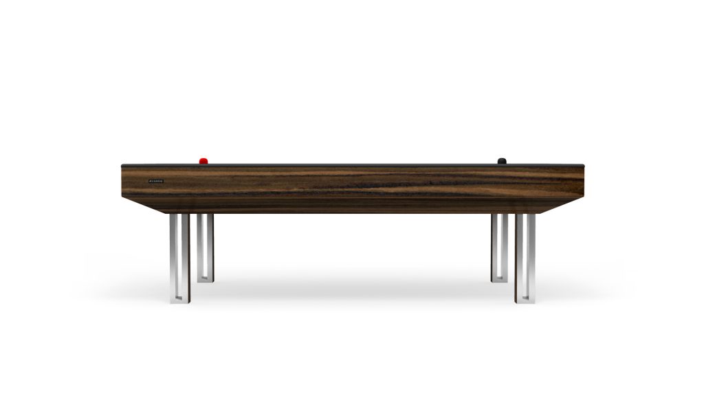 A luxurious addition, the sleek foosball table boasts a dark wood finish and minimalist metal legs, with subtle red and black corner details—blending traditional and modern design like the Executive Air Hockey Table.