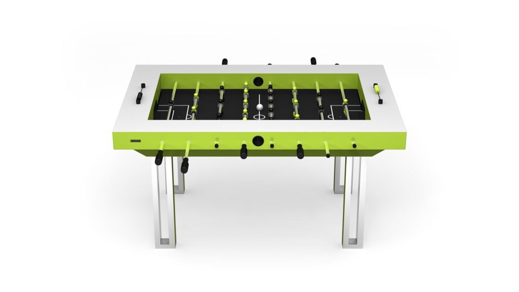 Introducing the Executive Foosball Table, a sleek masterpiece in lime green and black. It features sturdy metal legs, multiple player rods, a modern white frame, and green handles for an upscale gaming experience.