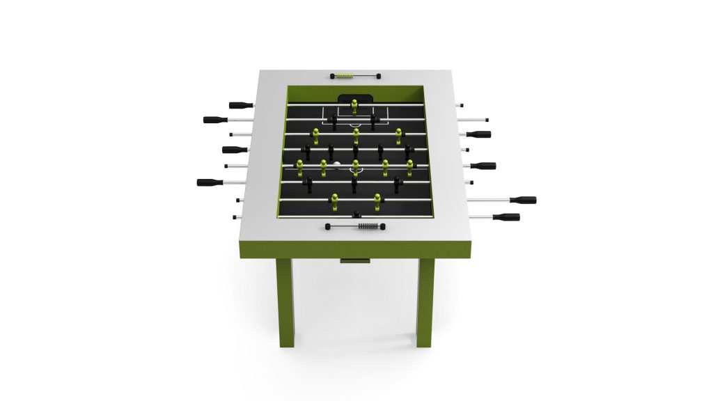 The Executive Foosball Table is a luxury piece featuring green and white design, black handles, and miniature players set elegantly against a white background.