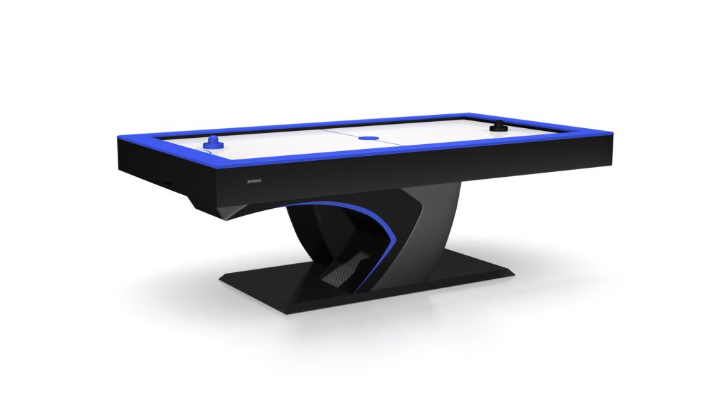 Introducing the Force Air Hockey Table: a modern gaming centerpiece in black and blue with a sleek curved base. Featuring two paddles, a puck, and a pristine white playing surface, it offers style and exhilarating gameplay.