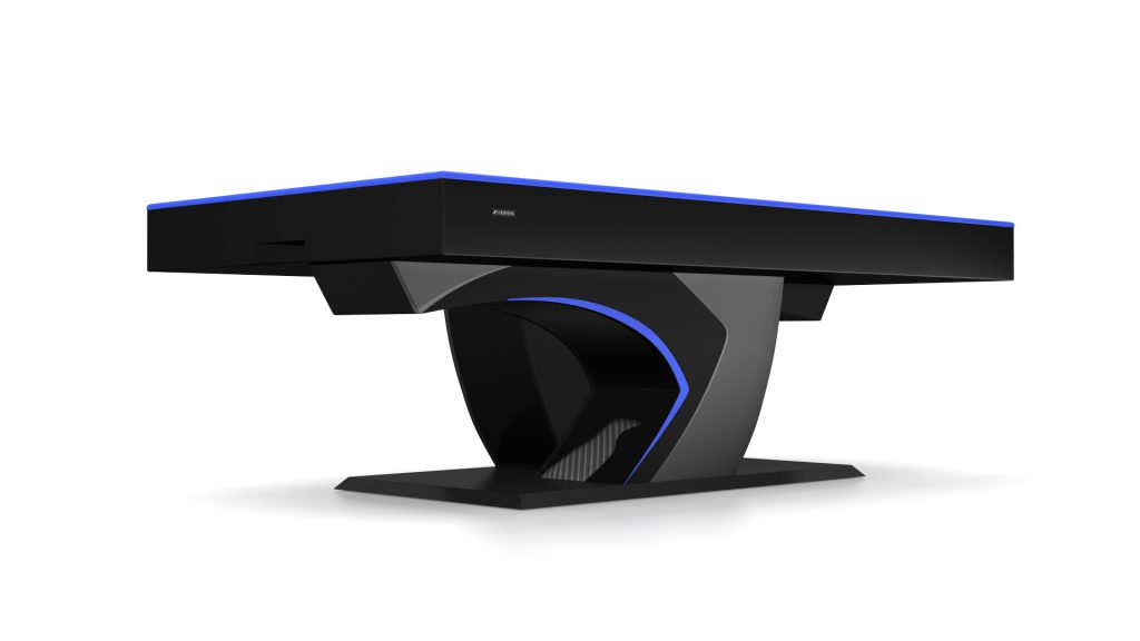The sleek black gaming table boasts a futuristic design and glowing blue edge, featuring a sturdy base with dynamic curved lines reminiscent of the Force Air Hockey Tables style.