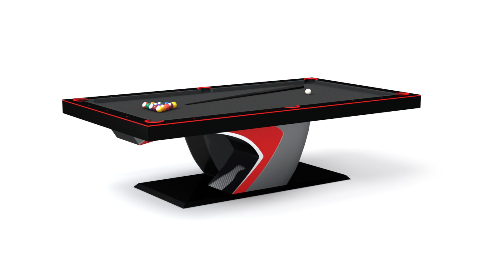 Introducing the Force Pool Table, a modern black and red masterpiece with a distinctive curved base. It includes vibrant billiard balls and a cue ball, ready for your next game.
