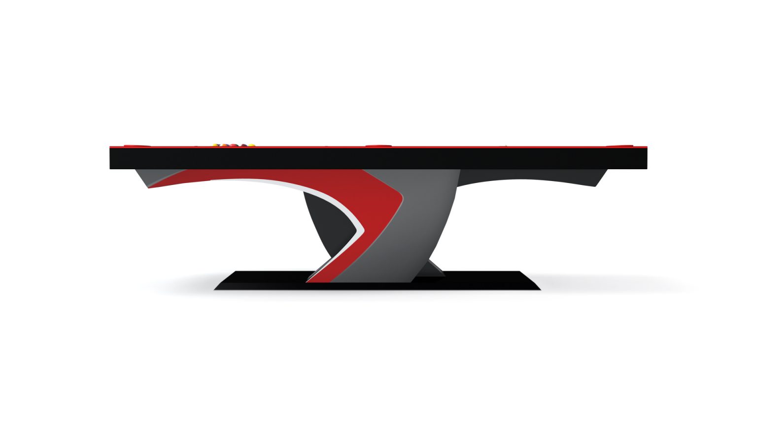The Force Pool Table is a modern luxury table, featuring a sleek design with an abstract base in red, black, and gray. Its flat, dark tabletop and dynamic curved base add a contemporary elegance reminiscent of a refined pool table.