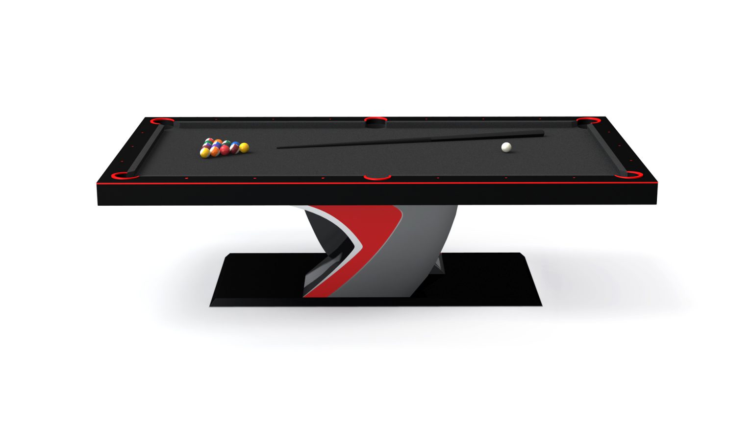 Discover the Force Pool Table, a modern masterpiece featuring sleek black and red accents with a curved base. It includes a triangle to arrange pool balls at one end, along with a cue ball and two cues on its polished surface.
