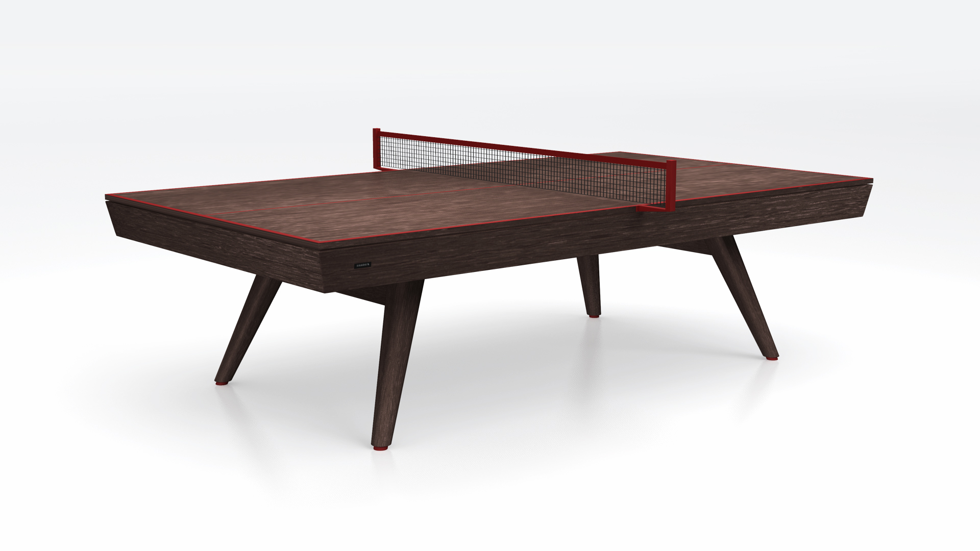 The Hamptons Ping Pong Table features a dark wooden surface, angled legs, red trim, and a matching red net, shown against a plain white background.