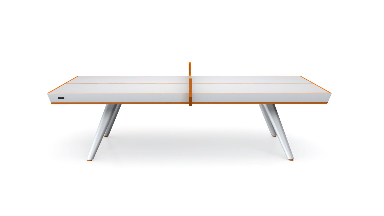 The Hamptons Ping Pong Table is a luxurious, sleek table tennis setup with an orange frame and white surface. It boasts a minimalistic design featuring sharp lines and angled legs, with the net seamlessly integrated into the tabletop for a clean, sophisticated look.