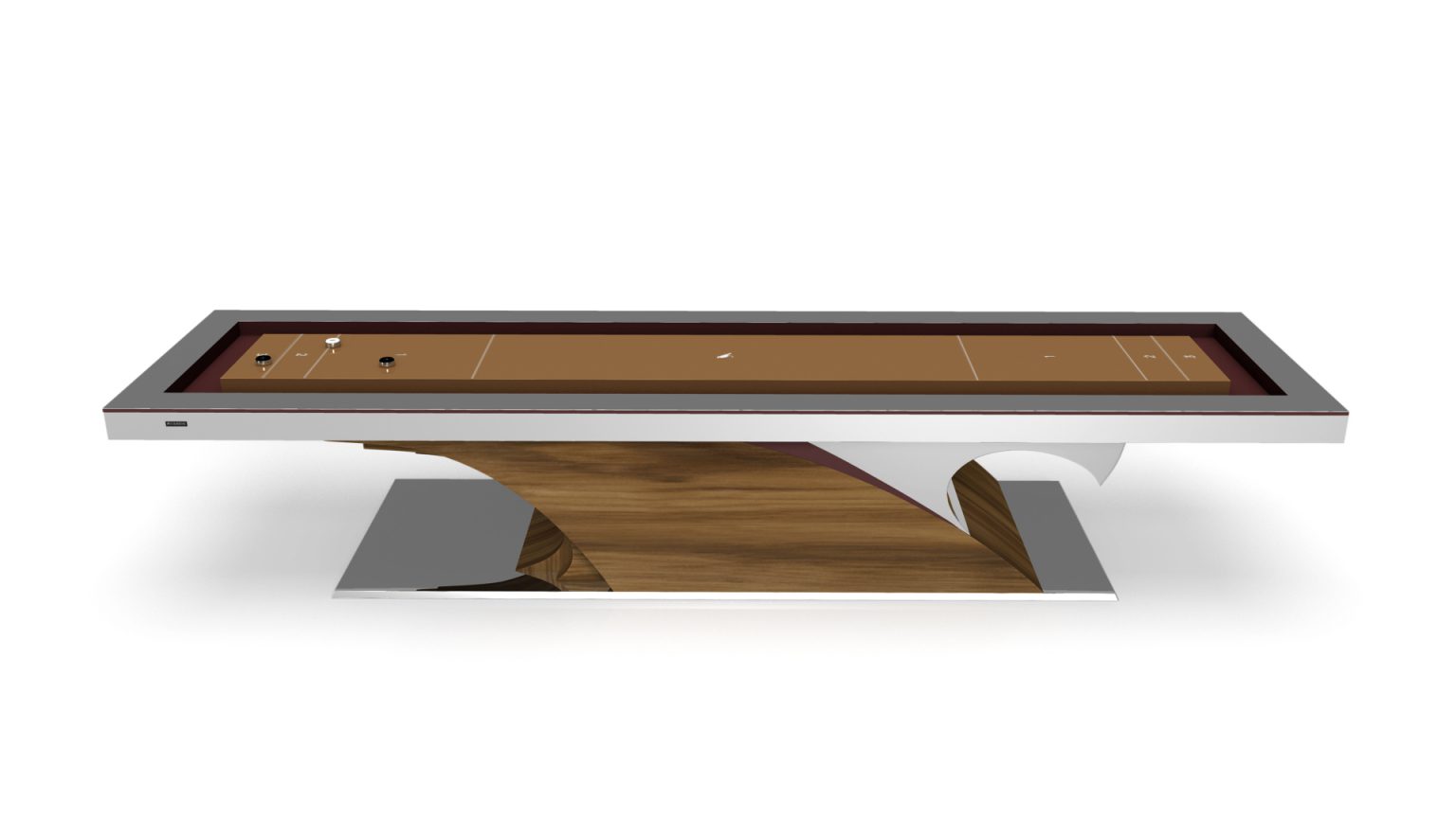 Discover the Poseidon Shuffleboard Table: a modern marvel blending a minimalist design with its wooden base and metallic frame. It offers a smooth playing surface, perfect for gameplay on an elegant white background.