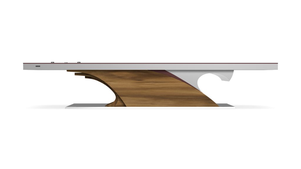A stylish office desk with a sleek design akin to a luxury Poseidon Shuffleboard Table, featuring a flat, modern tabletop on an abstract-shaped wooden base. Curves and clean lines combine contemporary materials with natural elements.