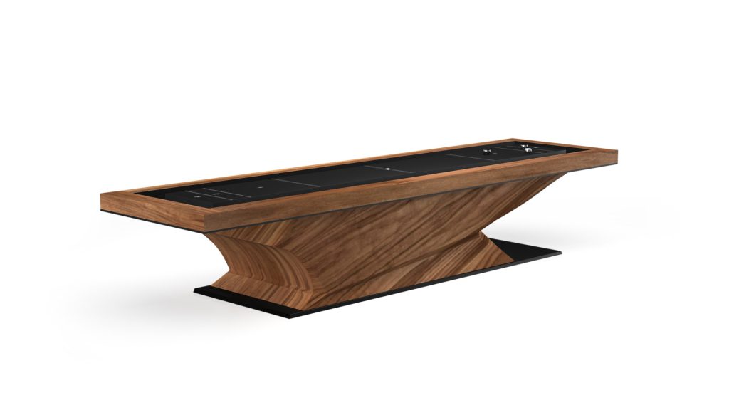 Presenting the Raven Shuffleboard Table: a modern marvel featuring a curved wood base on a black platform and a smooth black playing surface with scoring markings, epitomizing elegance and contemporary style.