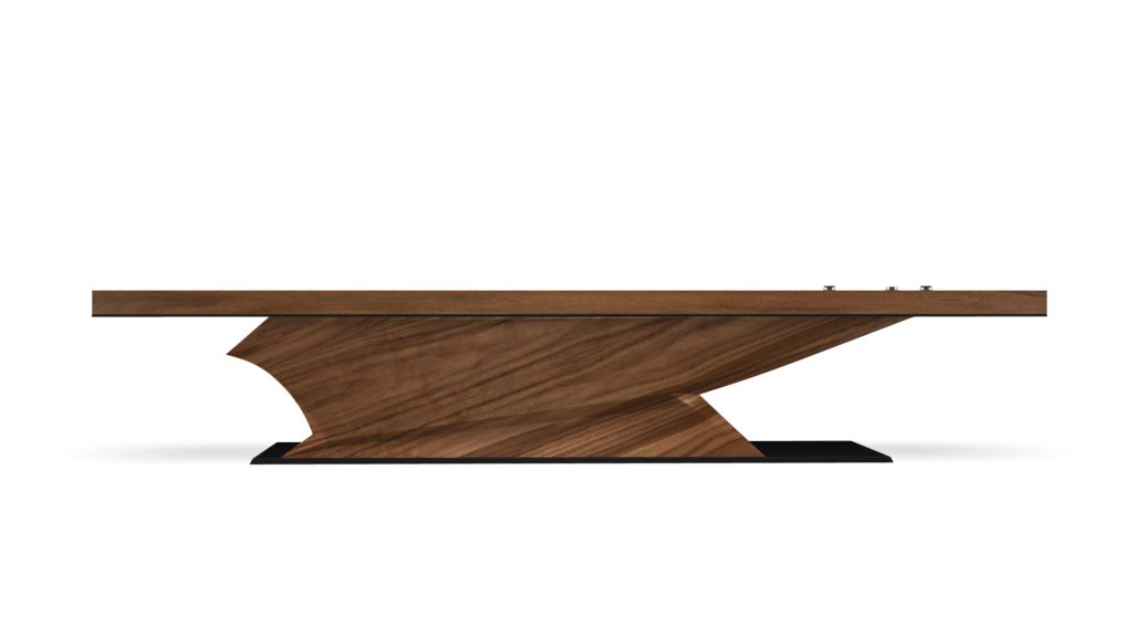 A sleek, modern wooden pool table with a minimalist design akin to the Raven Shuffleboard Table. It features a flat, rectangular surface on an angular base, and its rich wood finish beautifully complements the thin, dark platform.