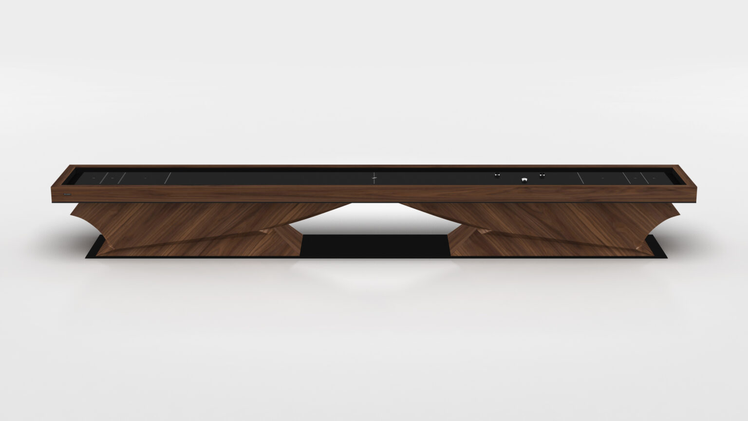 The Raven Shuffleboard Table features a dark wooden base with geometric patterns and a sleek black playing surface, offering a modern centerpiece set against a plain white background.