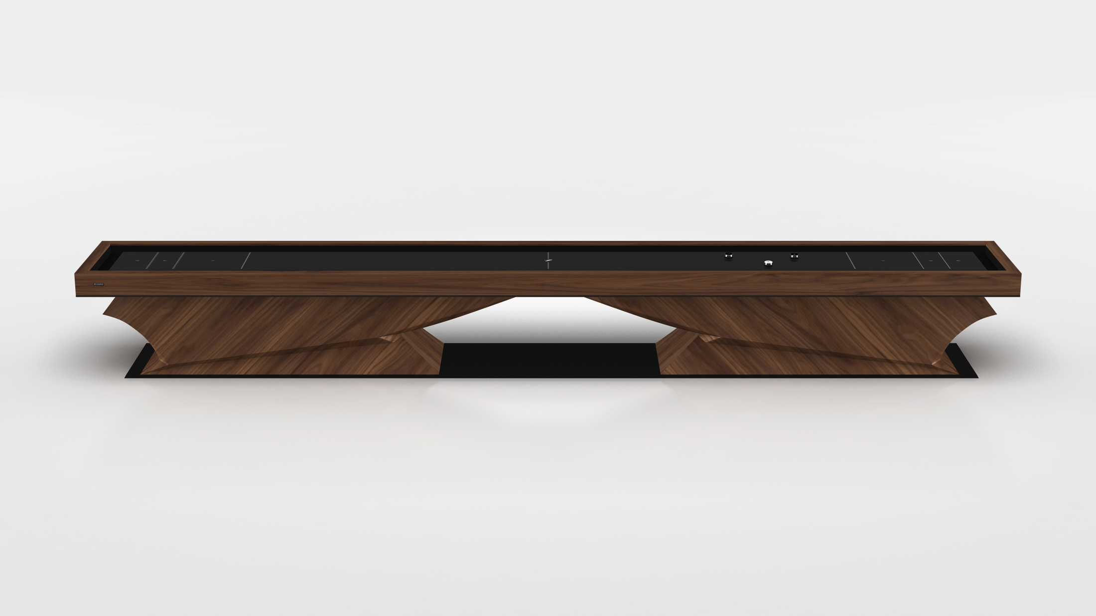 The Raven Shuffleboard Table features a dark wooden base with geometric patterns and a sleek black playing surface, offering a modern centerpiece set against a plain white background.