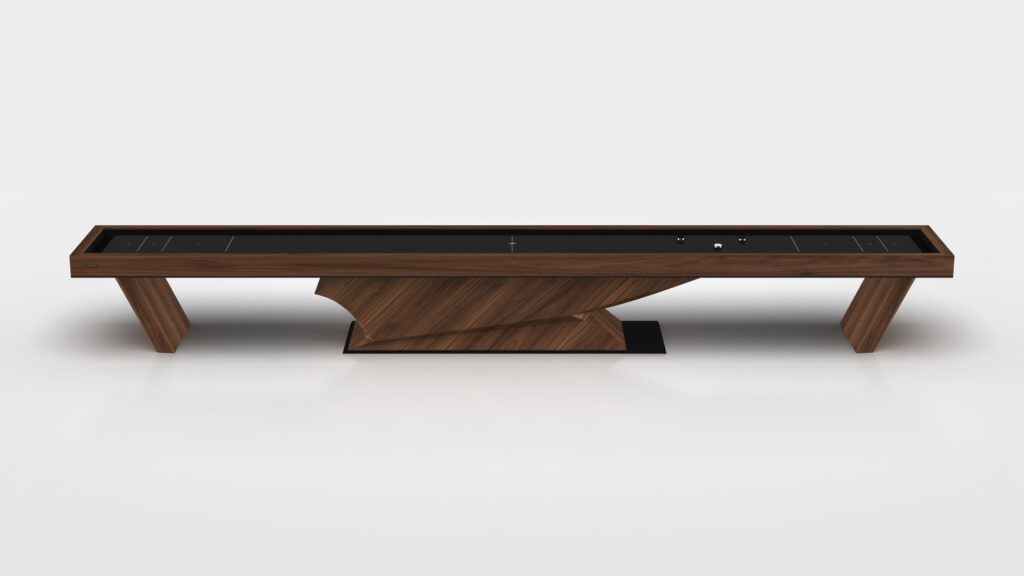 The Raven Shuffleboard Table features a modern design with a dark wood finish, black playing surface, and an angular geometric base, all showcased against a plain white background.