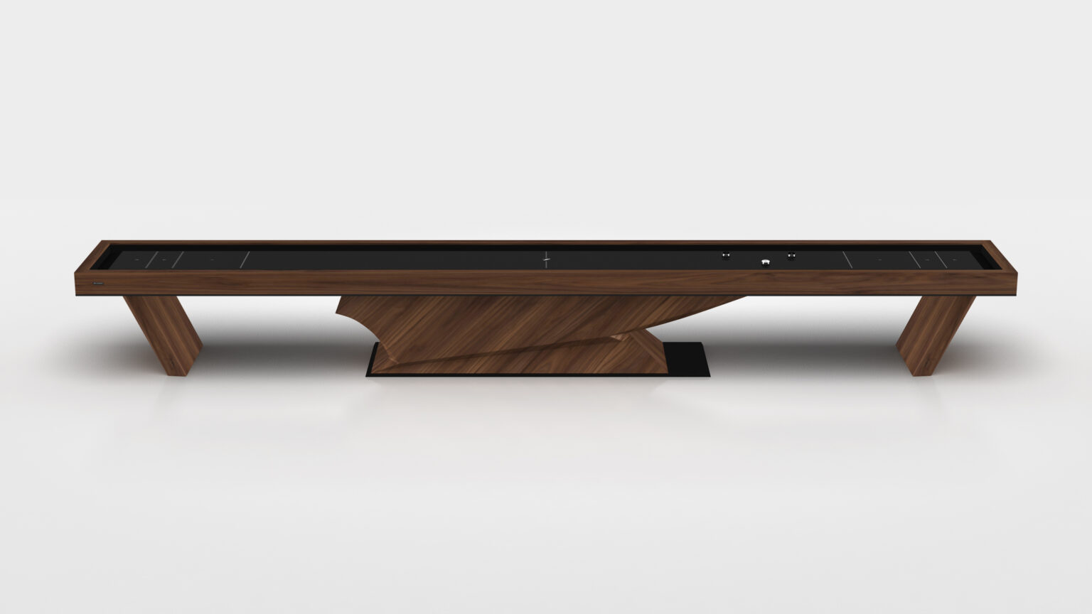 The Raven Shuffleboard Table features a modern design with a dark wood finish, black playing surface, and an angular geometric base, all showcased against a plain white background.