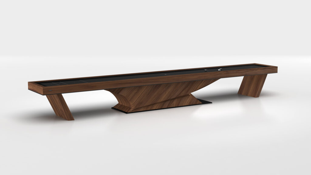 The Raven Shuffleboard Table showcases a dark wood finish, angled legs, and a geometric base, bringing modern style and sophistication to any space.