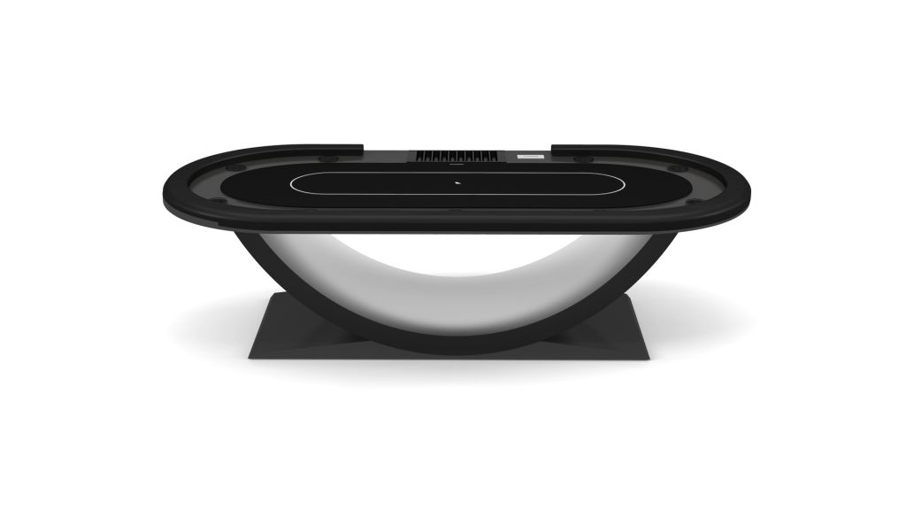 The Theseus Oval Poker Table features a sleek black design with an elegant oval shape, a smooth raised playing surface, and a stylish curved base on a square platform, blending modern sophistication and style.