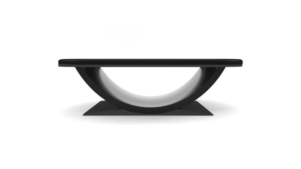 The luxurious Theseus Oval Poker Table, featuring a modern black design with a unique U-shaped base, evokes elegance. Its flat top and contrasting white inner curve add a stylish contemporary touch against a plain white background.