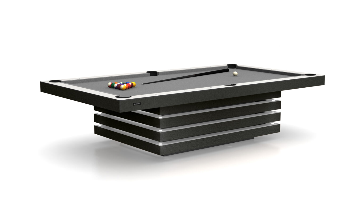 The Arclight Pool Table is a modern, sleek luxury game table featuring a gray playing surface and dark, layered base. It comes set up with colorful balls ready for play, and a cue stick rests across it against a plain white background.