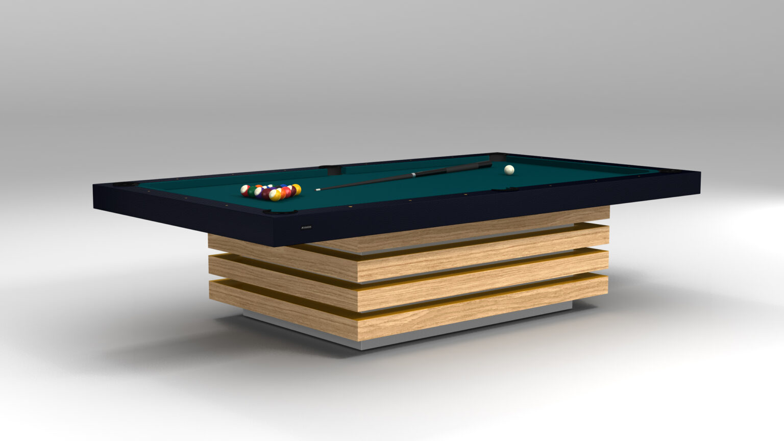 The Arclight Pool Table is a luxury game table with a sleek wooden base, green felt surface, cue stick, two white balls, and an elegantly arranged set of colored balls, set against a simple neutral gray background.