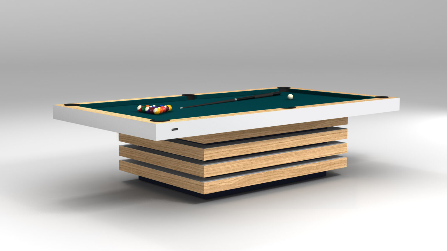 The Arclight Pool Table, a modern luxury game table, showcases a sleek design with a green surface highlighted by billiard balls and a cue. Its elegant base is crafted from stacked, rectangular wooden slabs with a light finish.