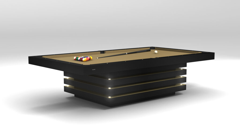 The Arclight Pool Table, with its sleek black frame and gold-striped base, epitomizes luxury gaming. Racked billiard balls and a cue stick adorn the playing surface, while striking under-table lighting highlights its sophisticated design.