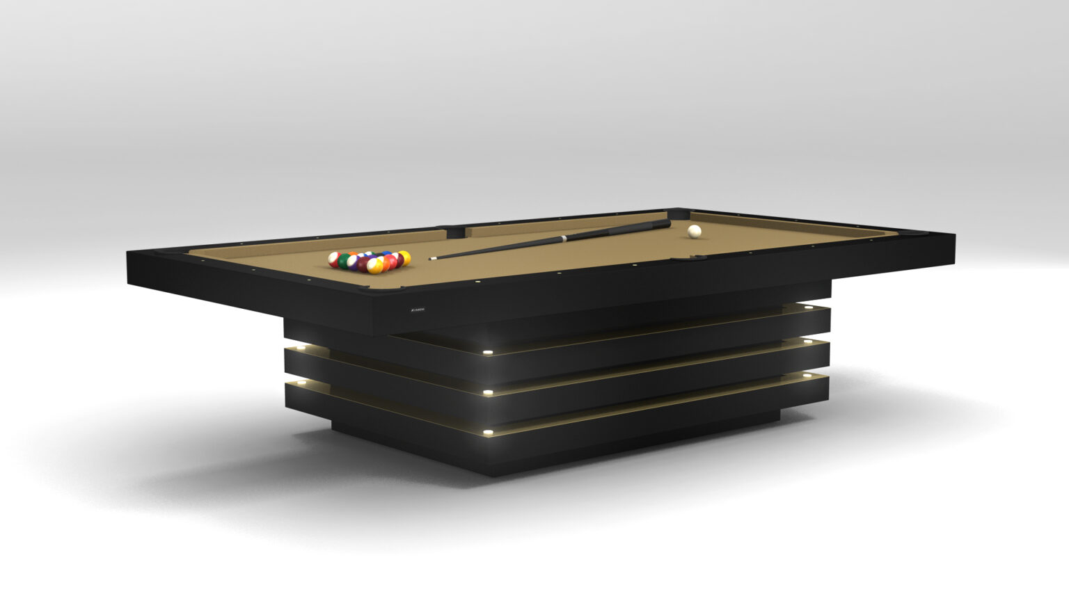 The Arclight Pool Table, with its sleek black frame and gold-striped base, epitomizes luxury gaming. Racked billiard balls and a cue stick adorn the playing surface, while striking under-table lighting highlights its sophisticated design.
