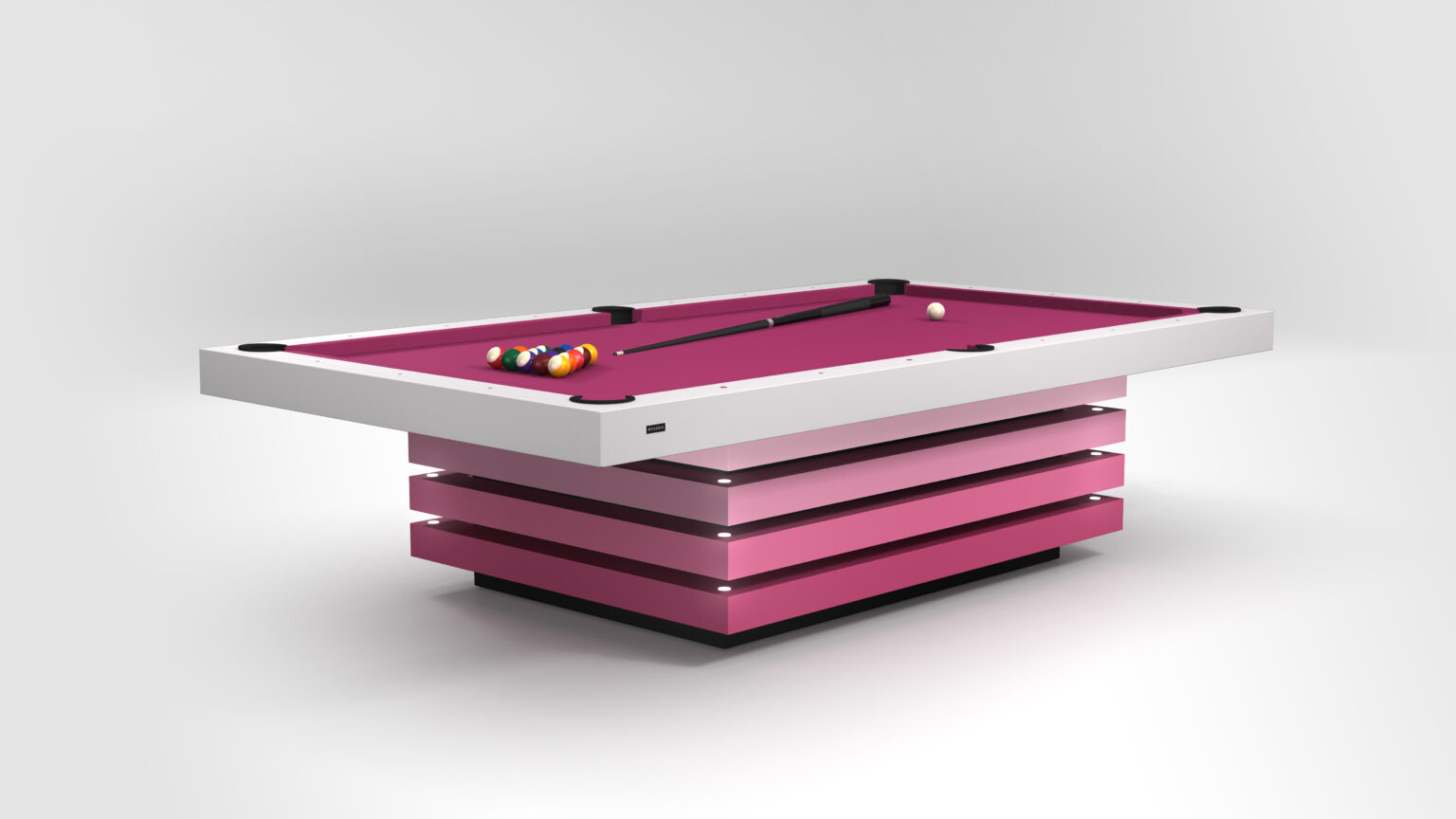 The Arclight Pool Table, a luxury game table with a white frame and pink felt, is perfectly centered in a minimalist room. It features colored billiard balls, a cue stick, and chalk atop its unique pink and black striped base.