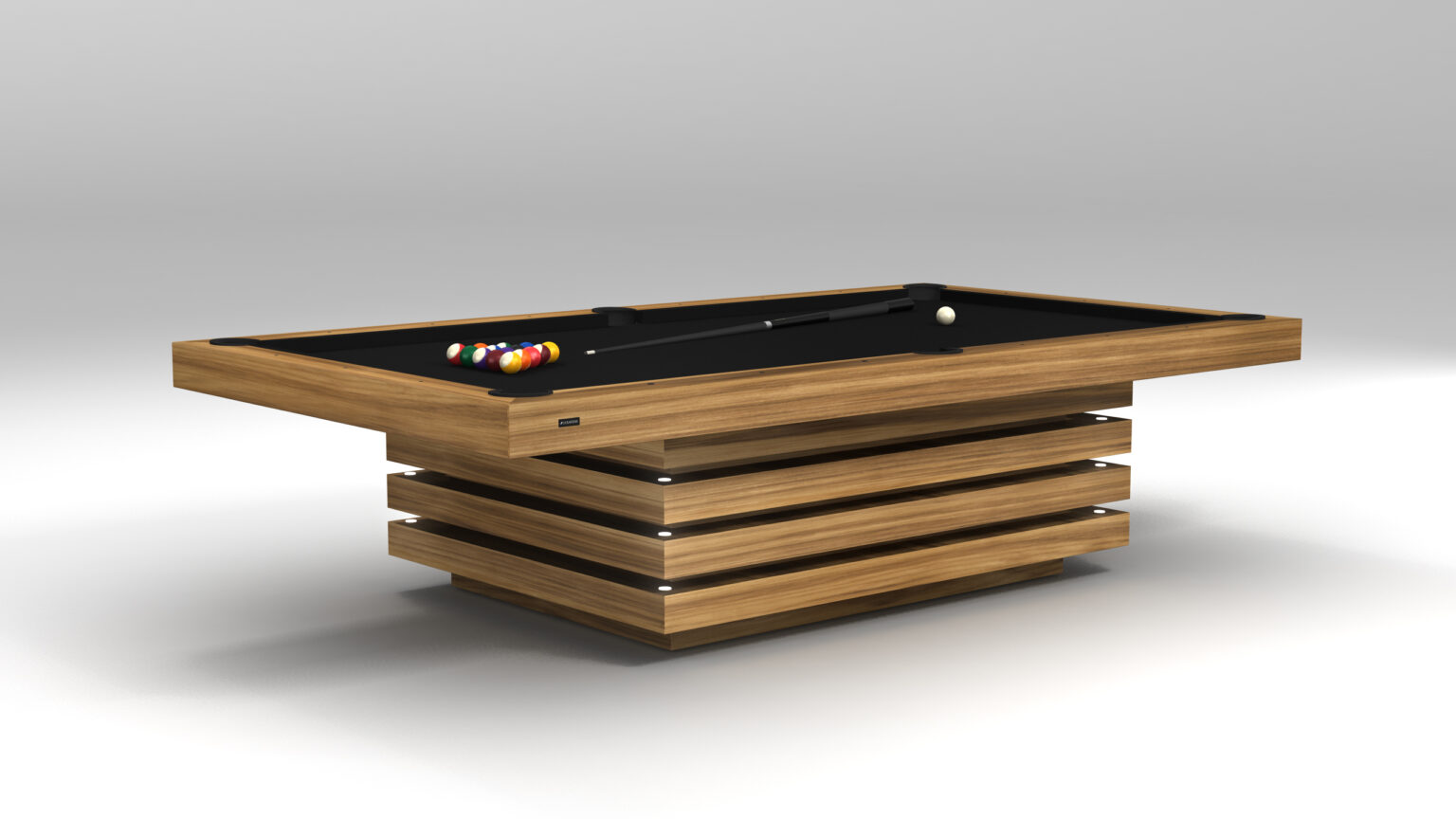 The Arclight Pool Table is a luxury game table with a modern, sleek wooden base and black felt surface. It features several billiard balls and a cue stick against a plain, light background.