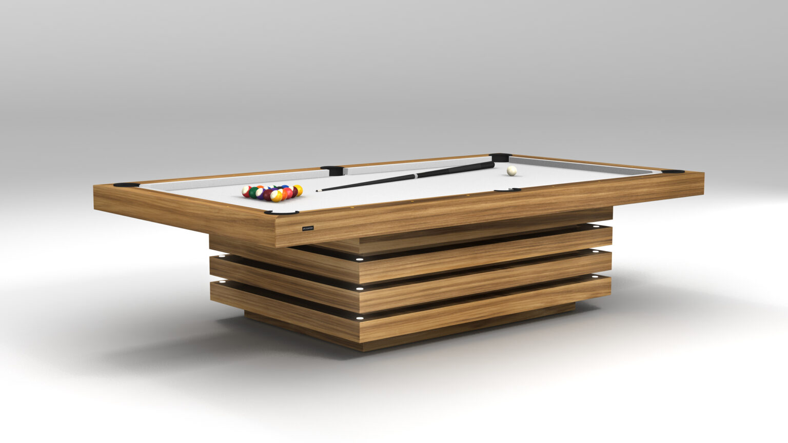The Arclight Pool Table features a sleek wooden frame with a layered design, offering a modern playing surface complete with racked pool balls and a cue stick. A neutral gradient background enhances its sophisticated appeal.