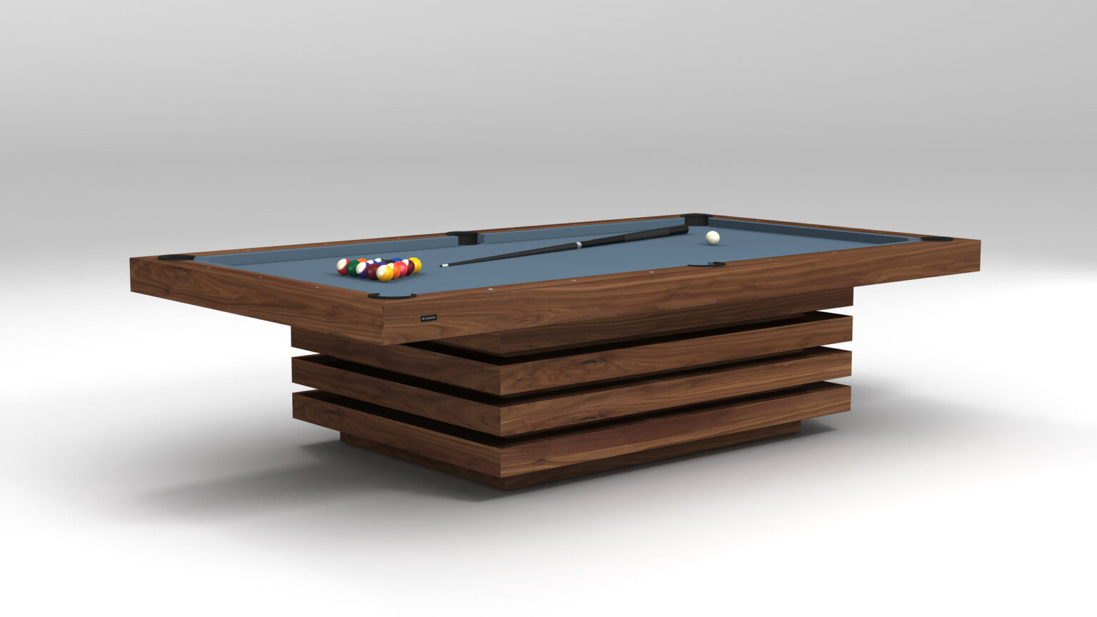 The Arclight Pool Table is a modern, luxury game table featuring a sleek rectangular wooden base and blue felt surface. It includes a cue stick, a white cue ball, and a triangle of colorful balls arranged neatly at one corner in a minimalist, well-lit space.